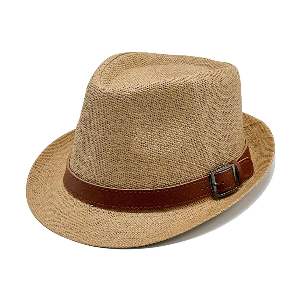 Fashion Men Jazz Fedora Hat Summer Straw Beach Sun Hat Short Brim Trilby with Belt Breathable Buckle Panama Cap
