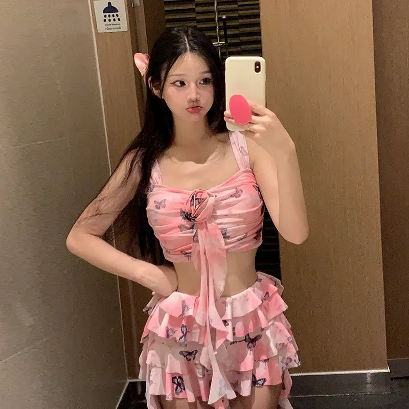 Swimsuit split skirt conservative small breast push up vacation swimsuit hot spring date romantic bikini