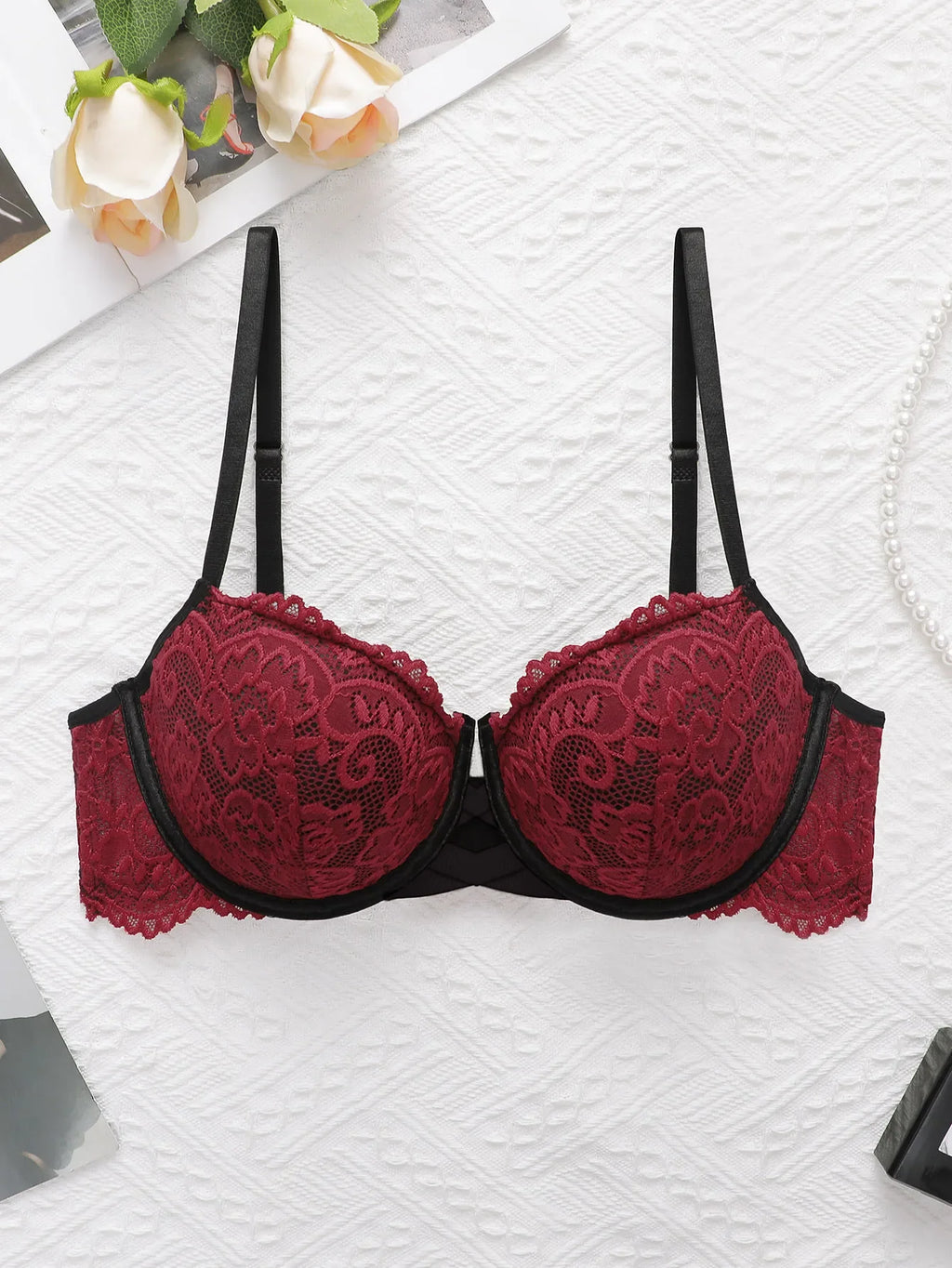 Girls' cross hollow steel ring bra, red lace women's sexy underwear, spring and summer new products J2485