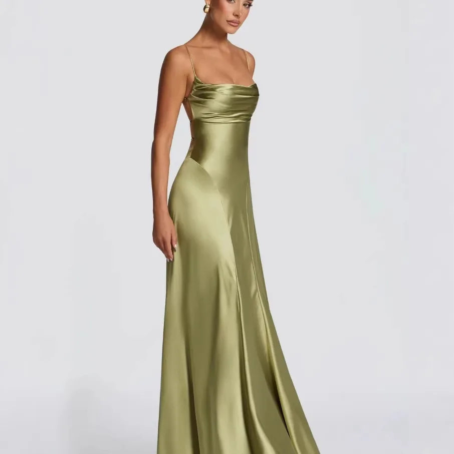 Australian Women's Back-cross-strap Hollow-out Camisole Dress With Chest Pleats Slim-fit Waist And Long Skirt Pure Desire ZJBL