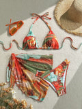 Sexy Skirt 3 Piece Bikinis Sets 2026 Women Orange Floral Tiger Print Push Up High Waist Swimsuit Bathing Suit Swimwear Biquini