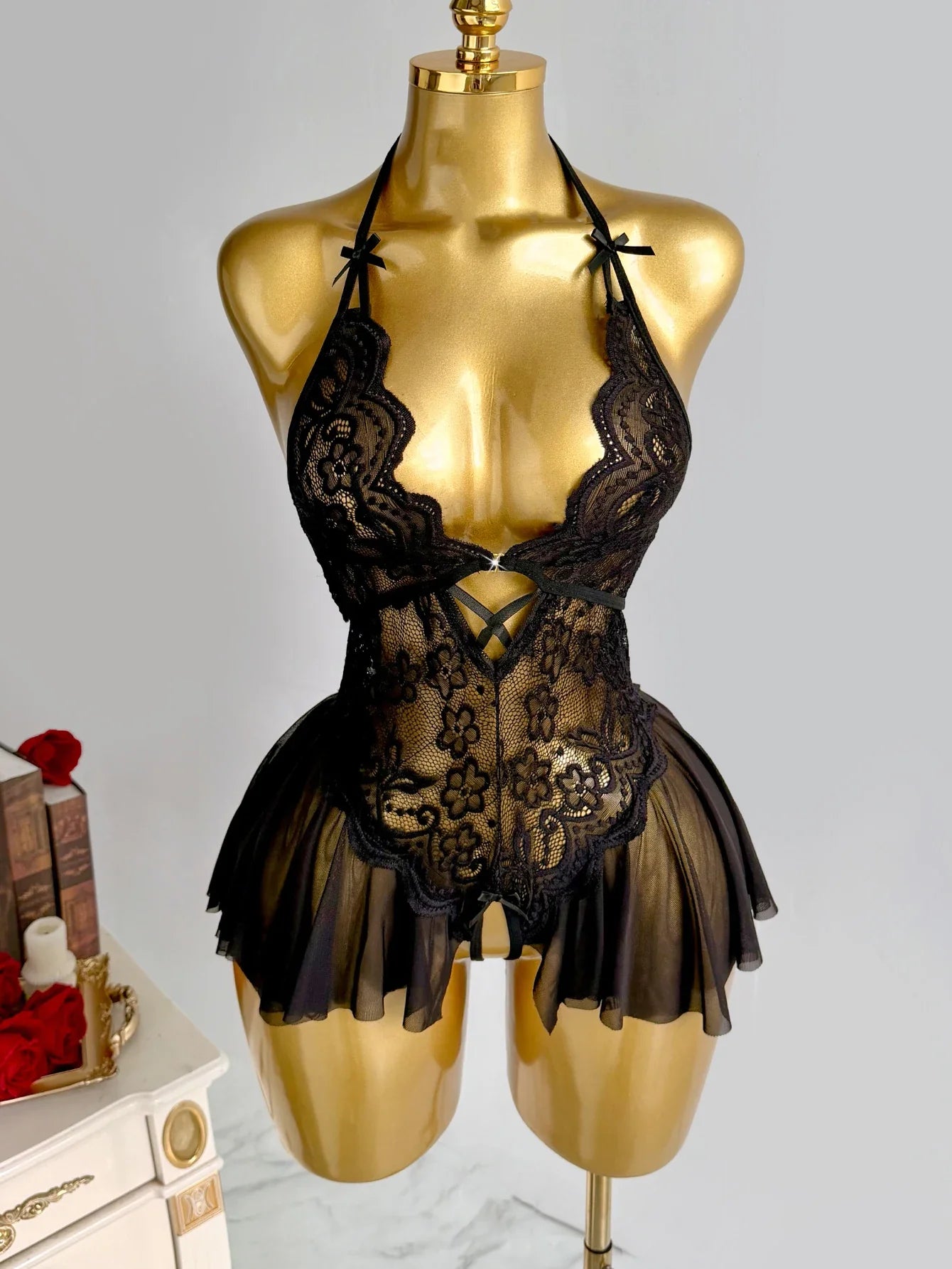 Elegant Lace Halter Neck Teddy Bodysuit With Bow Detail And Ruffled Hem Sexy Women's Lingerie