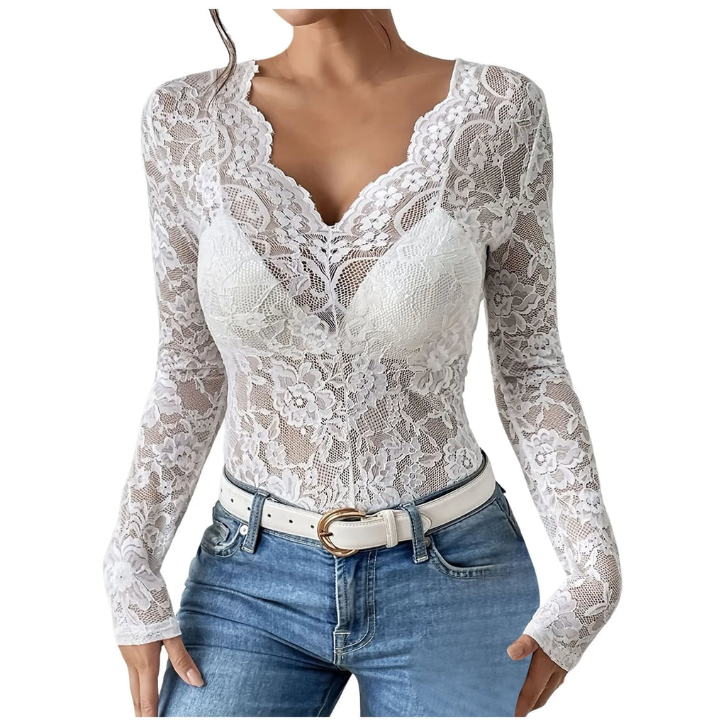 Women V Neck Floral Lace Long Sleeve T Shirt See Through Slim Fit Tees Y2k Gothic Club Party Streetwear Ladies Sheer Basic Tops