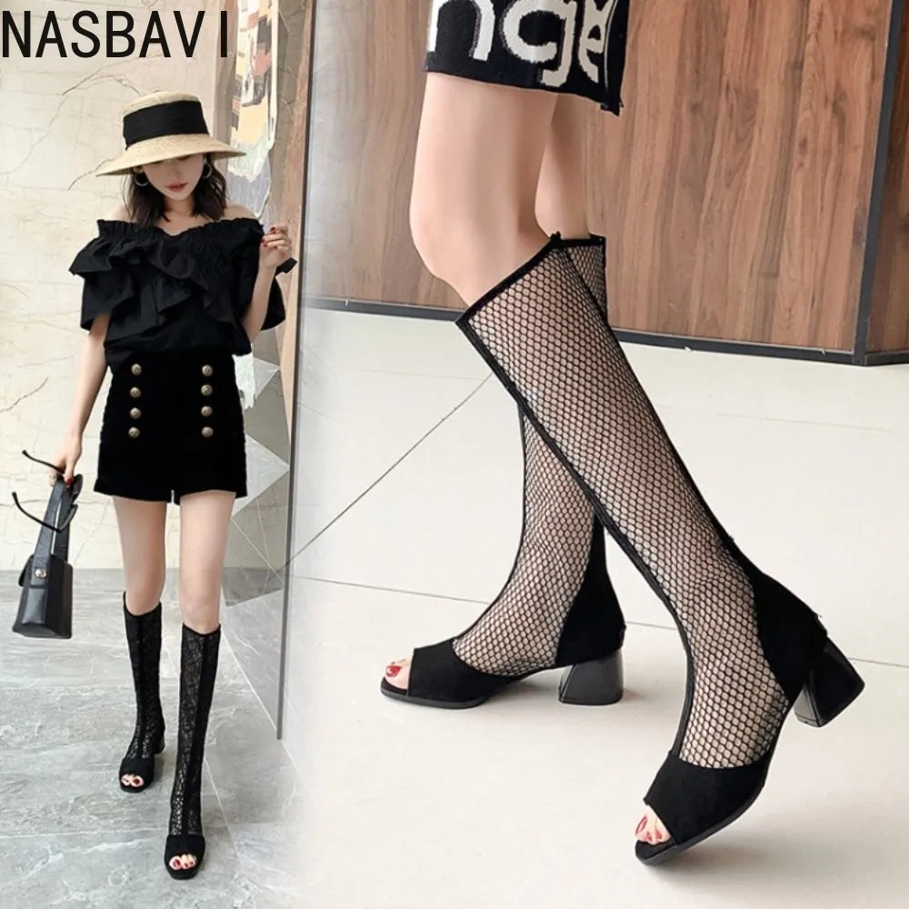 2026 New Spring Summer Sandals Boots Female Sexy Knee Cool Boots Women Gladiator Mesh Round Toe Zipper Shoes Rome Big Size 43
