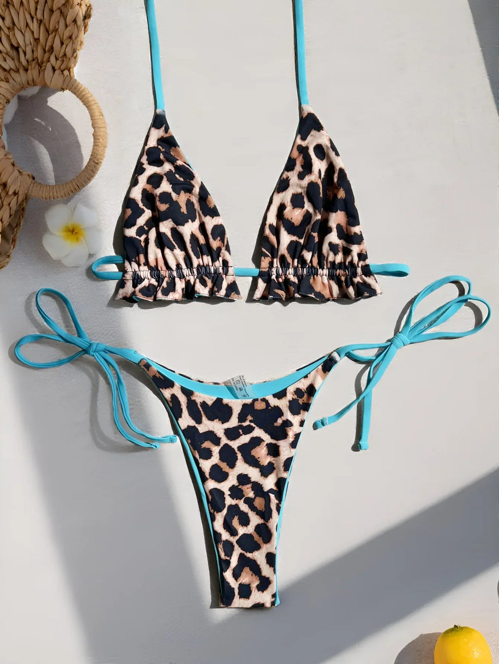 2026 Summer Leopard Print 3 Pieces Suit Swimwear Reversible Sexy Halter Lace-up Bikini Set Drawstring Skirt Cover Up Beachwear