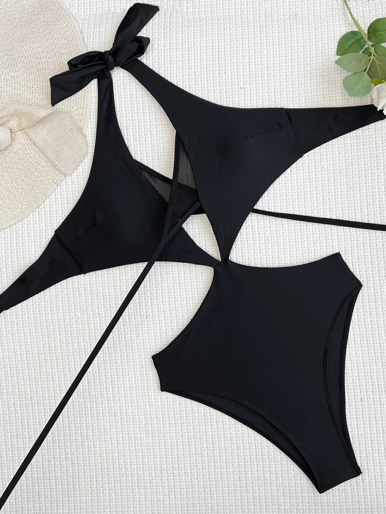DEKA Women Mesh One-Piece Swimsuit Solid Black V-neck Swimwear Wrap Front Cutout Sexy Monokini Bathing Suits Beachwear