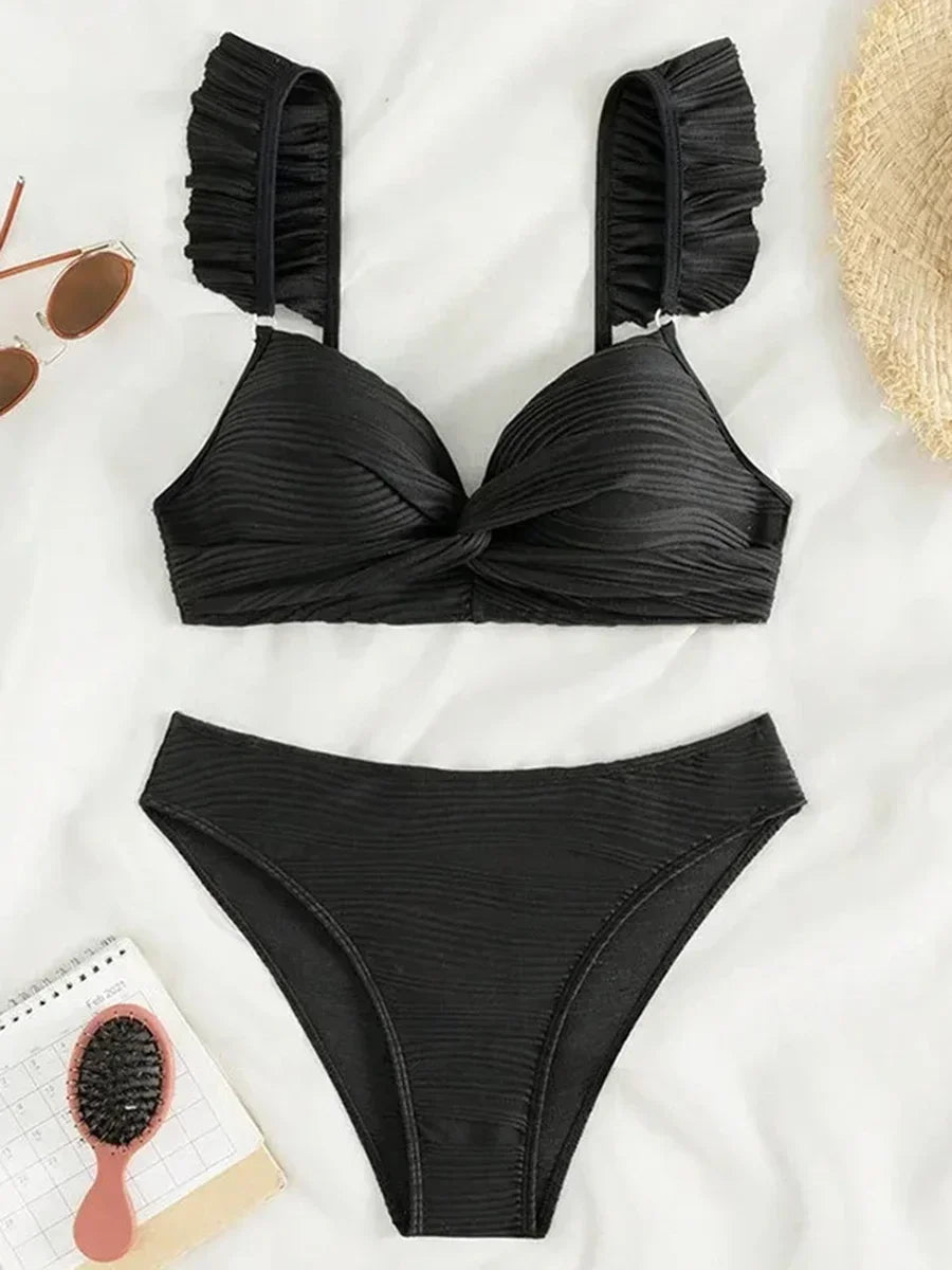 Wrinkled Ruffle Frilled Bra Cup Bikinis 2026 Female Swimsuit Women Swimwear Two Pieces Bikini Set Push Up Beachwear Bathing Suit