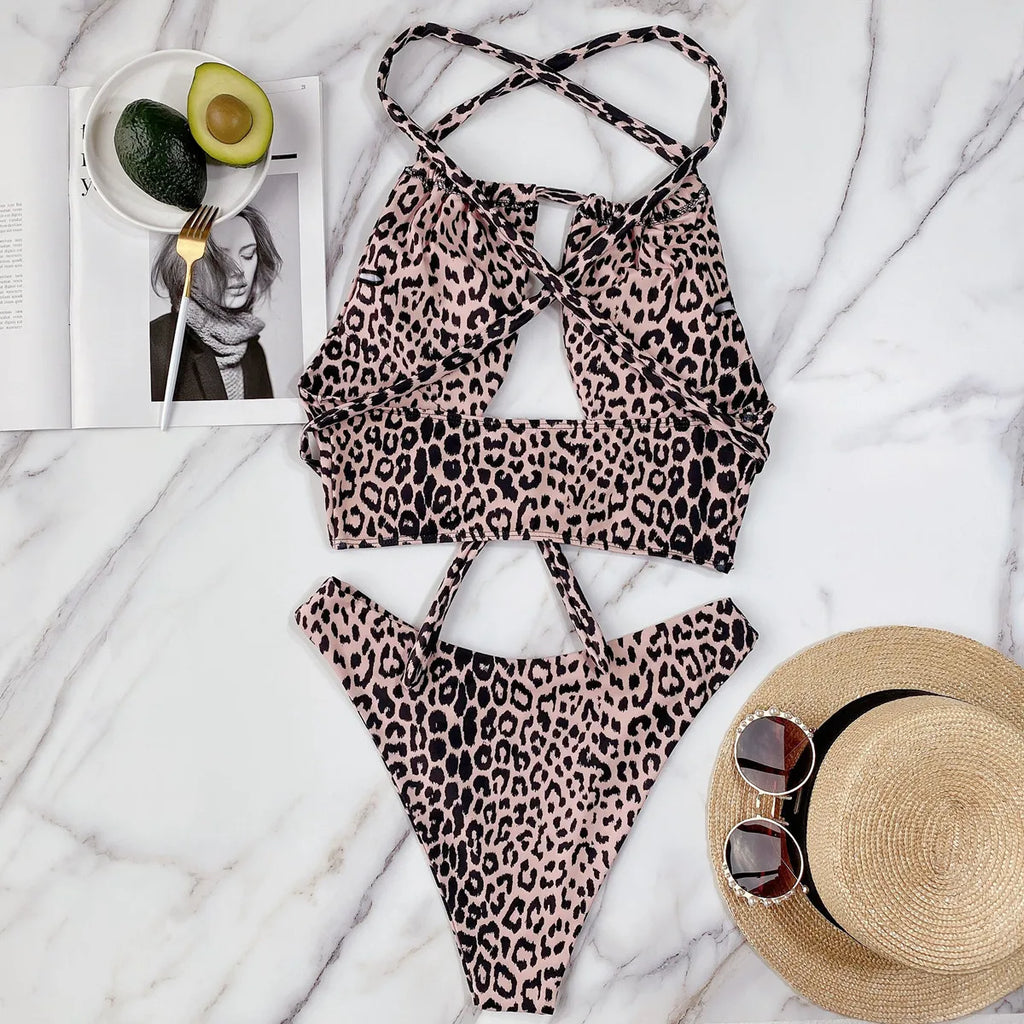 2026 New Sexy Bikini High Waist Swimwear Swimsuit Women Leopard Cross Back Straps Bikinis Set Bathing Suit Beach Bikini Female