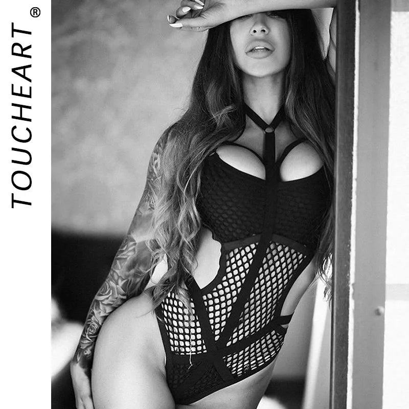 Toucheart Erotic Halter Bodysuit Large Mesh Splicing Andheavy Craftsmanship Women Hollow Seductive Intimate Hot Private Bodysuit
