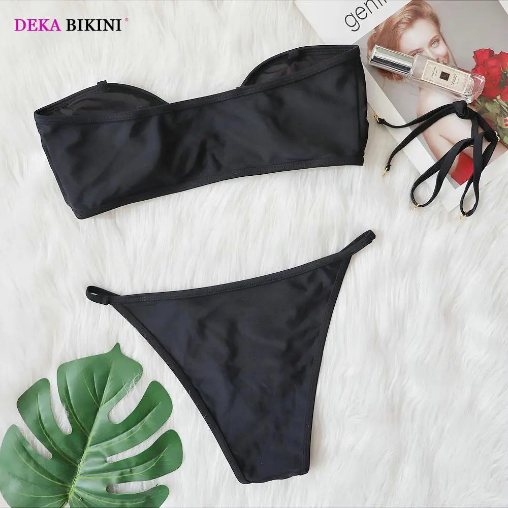 DEKA Women Solid Bandeau Bikini Set Two Pieces Swimsuits Halter Backless Female Beach Bathing Swimming Suits Thong Biquini