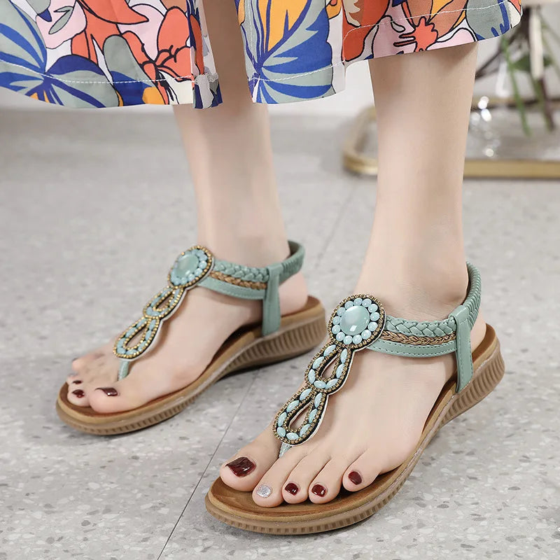 2026 New Shoes for Women Bohemia Crystal Sandals Women Shoes Rhinestone Lady Flip Flops Pearl Slip on Flat Beach Shoes