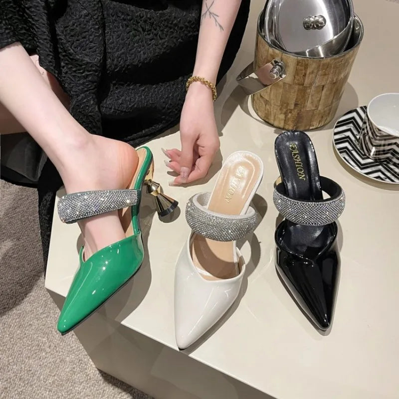 American pointed rhinestone high-heeled slippers women slim heels with toe caps, empty fashion sandals,