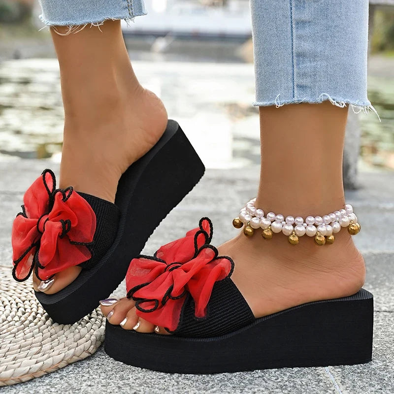 2026 Summer Big Bowknot Platform Slippers Women Plus Size 42 Open Toe Wedges Sandals Woman Lightweight Casual Beach Flip Flops