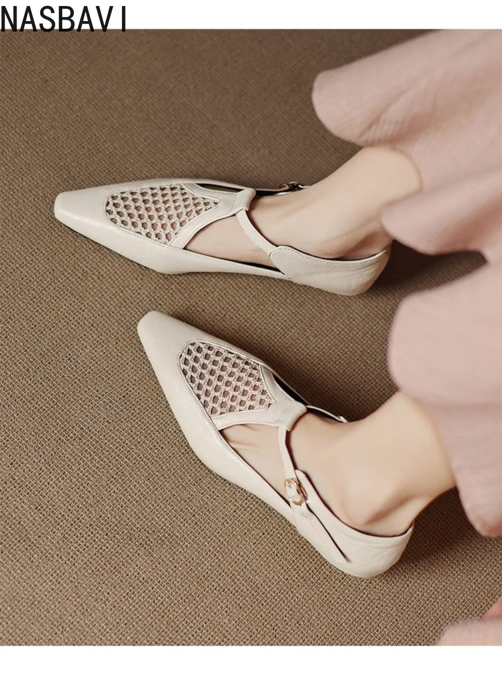 New Design Women T-Strap Sandals Square Toe Flats Buckle Breathable Mesh Casual Soft Leather Daily OL Shoes Plus Size 41 42 43