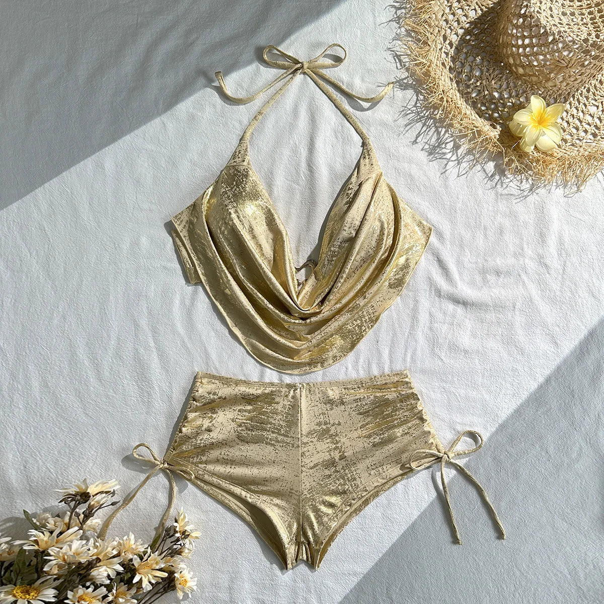 Sexy Hot Stamping Gold Swimwear Women 2026 Collar Split Top Drawstring Side High Waist Bikini Set Summer Bathing Suit Swimsuit