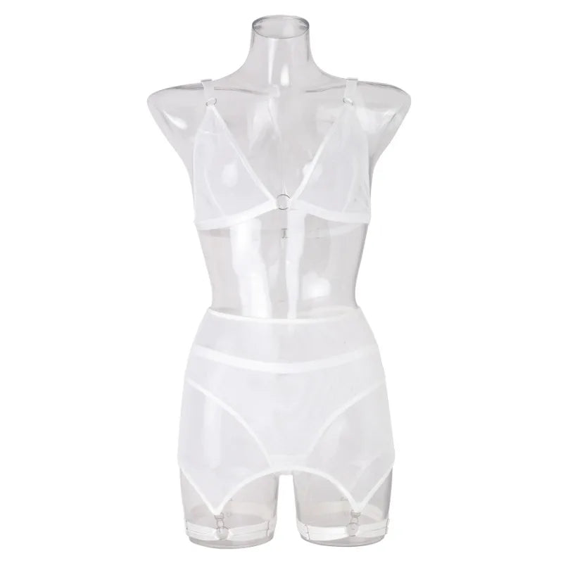 Toucheart Sexy Lingerie for Women Solid Color Mesh See-through Women's Plunge Underwear Suit Sexy Garters Lingerie 4-piece Set