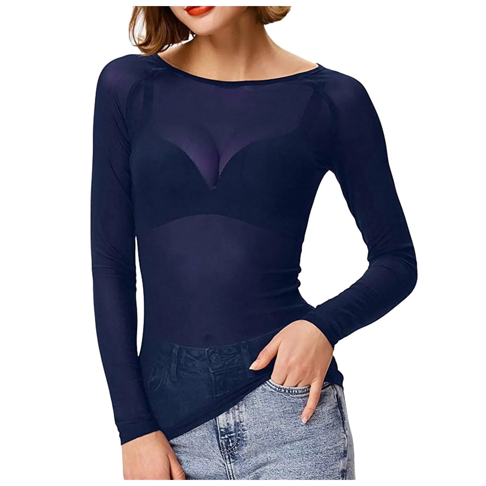 Sexy Women T Shirt See Through Mesh Black Long Sleeve Tees Sheer Slim Fit O Neck Tulle Crop Top Y2k T-Shirt Transparent Clubwear