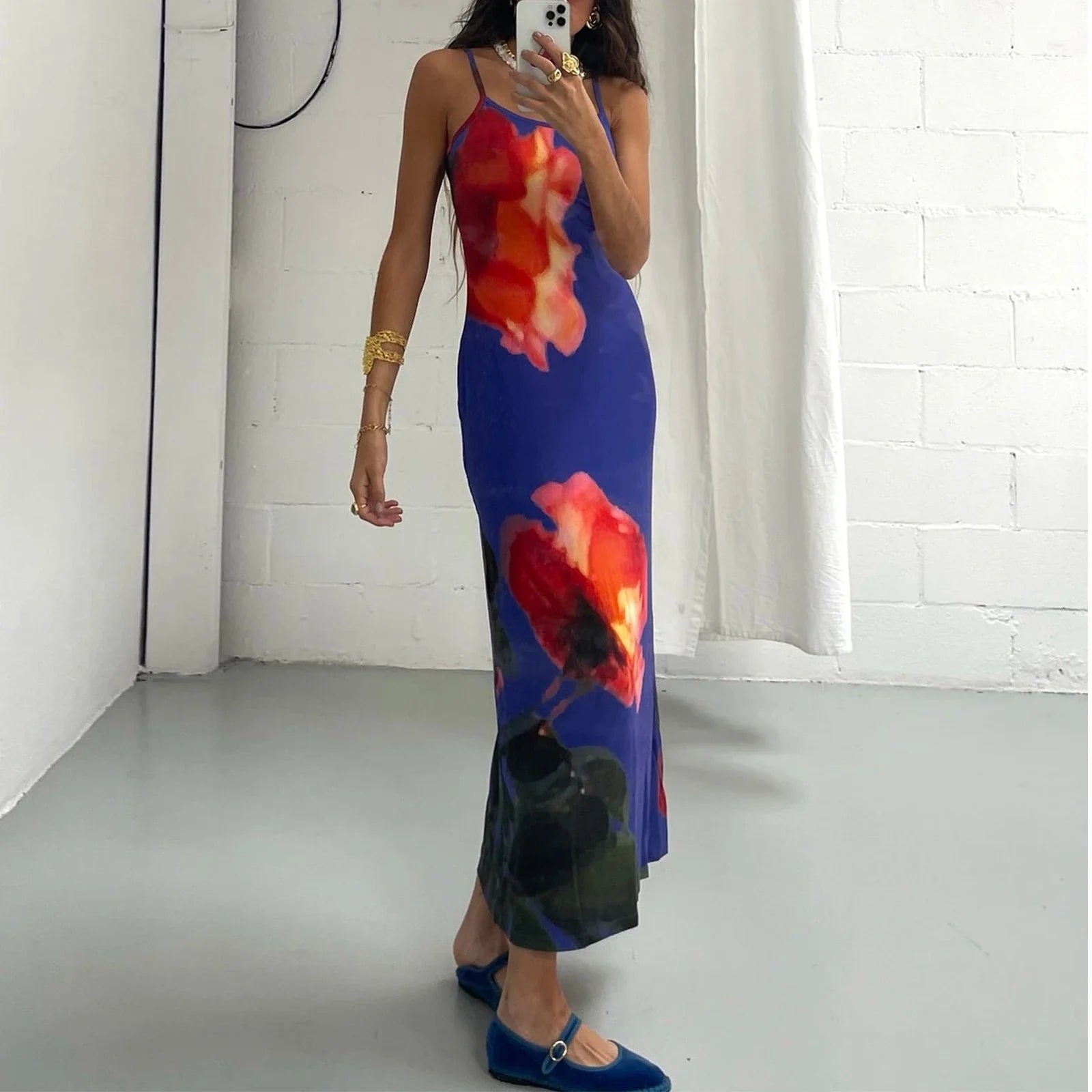 Summer Tie-Dye Floral Print Backless Party Dress Women Sleeveless Spaghetti Strap Sexy Bodycon Dress for Vacation Cocktail Beach
