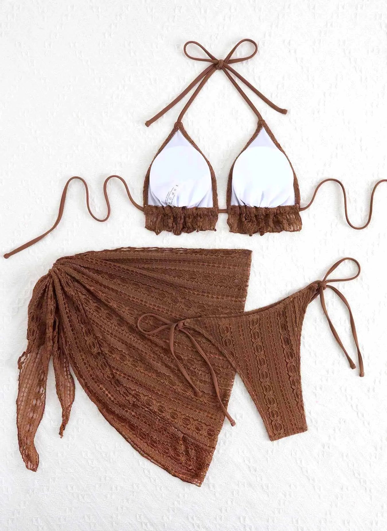 DEKA Women Triangle Ruffles Bikini Set Bathing Suit Spliced Halter Bikini Push Up Bandage Cover Up Beachwear 3 Piece Swimsuit