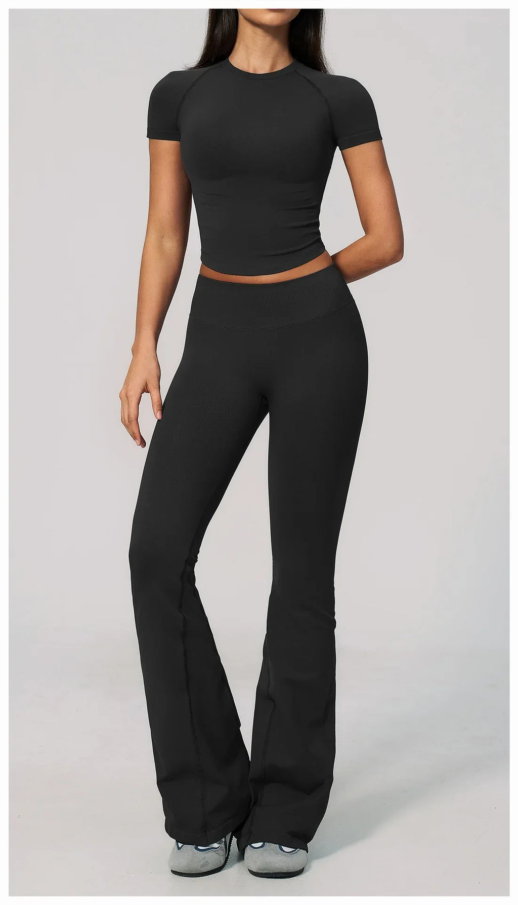 Seamless High Elasticity Yoga Sets Women Short Sleeve O Neck Sports T Shirts Workout Outfits Running Wide Leg Pants Fitness Suit