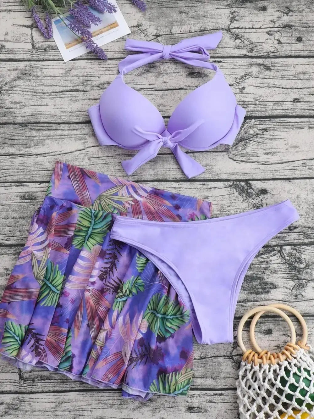 3 Piece Tropical Bikini Halter Push Up Swimsuit & Beach Shirt Swimwear Women 2026 Bathers Bathing Swimming Suit Female Beachwear