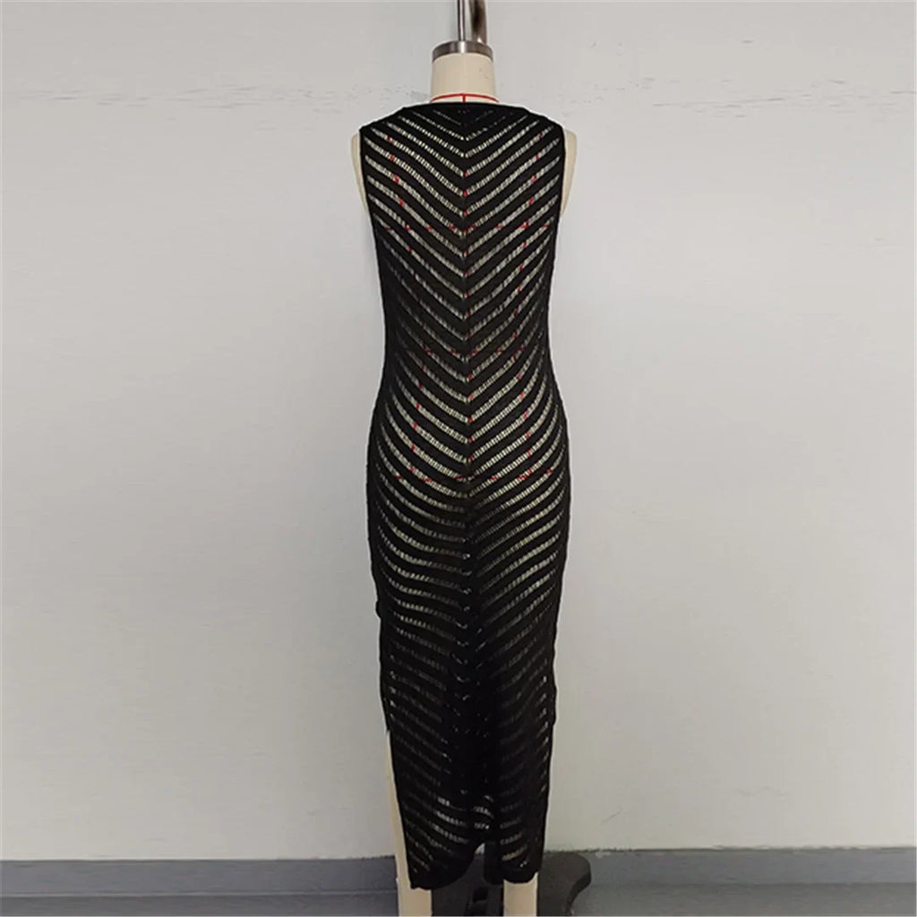 Hollow Out Sleeveless Crochet Knitted Tunic Beach Cover Up Cover-ups Mini Beach Dress Beach Wear Beachwear Female Women V6745