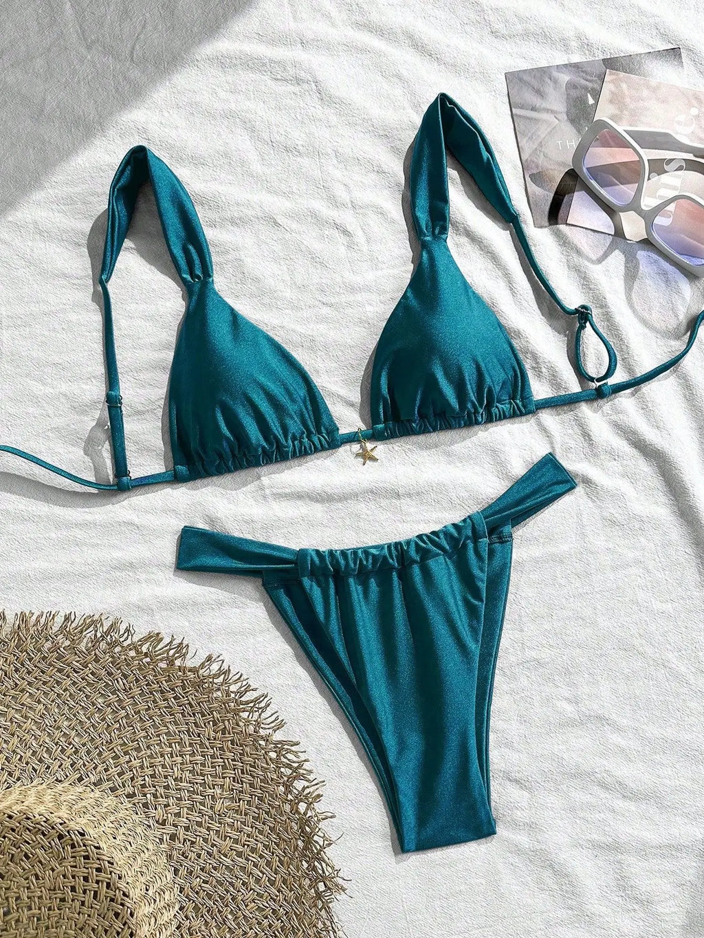 Sexy Starfish Ornament Bikini Set 2026 Women Sky Blue Pleate Push Up Bra Pleate Thong Swimwear Beach Bathing Suit Micro Swimsuit