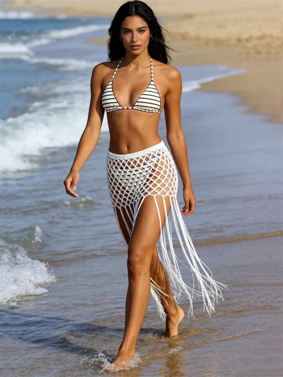 Women's Crochet Knit Skirt High Waist See Through Hollow Out Long Beach Skirt with Tassels Fringe Hem Summer Swim Cover Ups