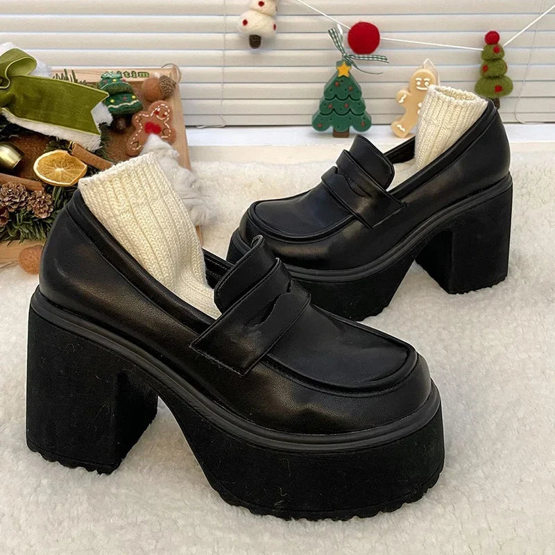Punk Style Chunky Platform Pumps Women Black Pu Leather Super High Heel Loafers Woman Slip On Thick Heels Lolita Mary Jane Shoes