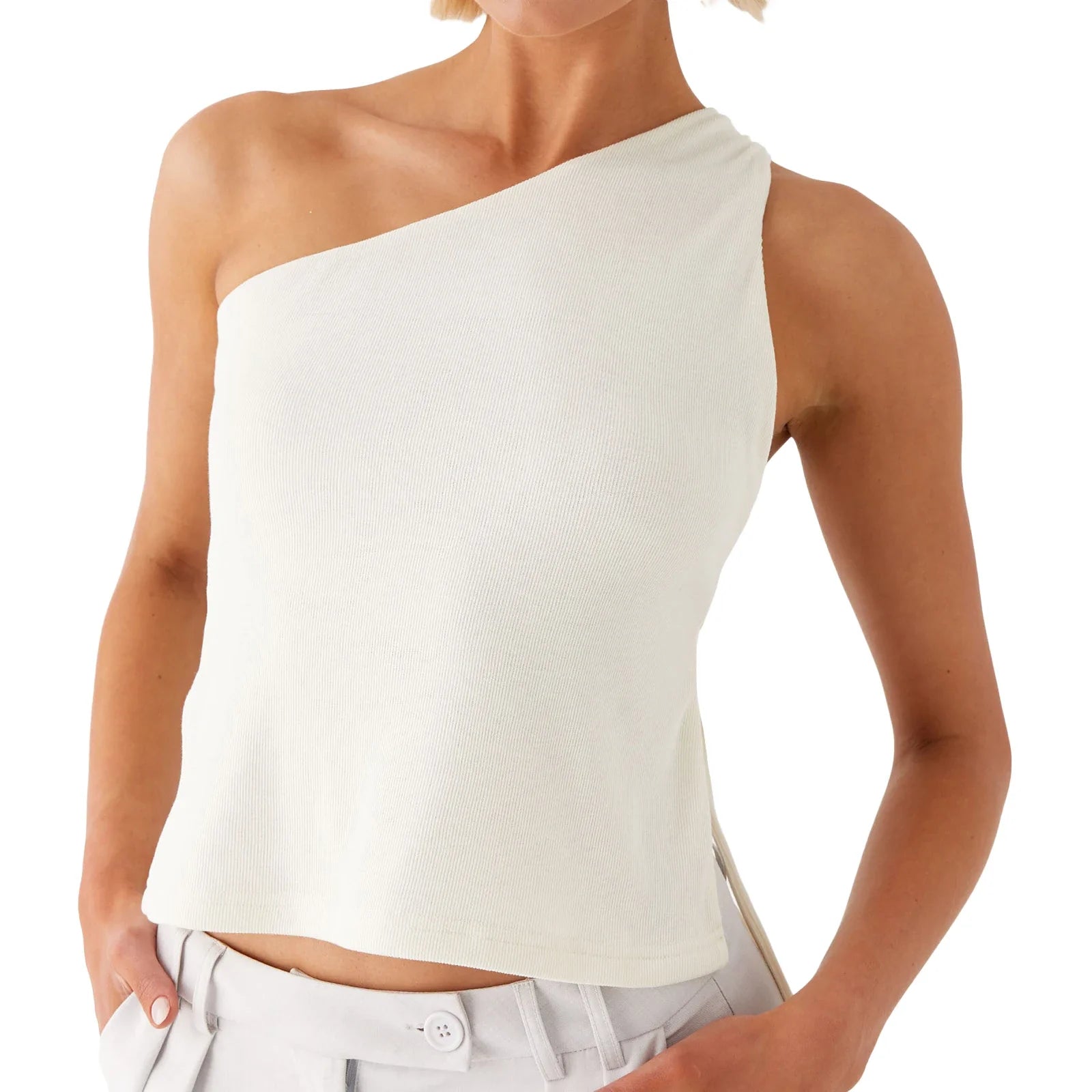 Women Off One Shoulder Tank Tops Solid Color Stylish Side Tie Design Vest Summer Fashion Streetwear