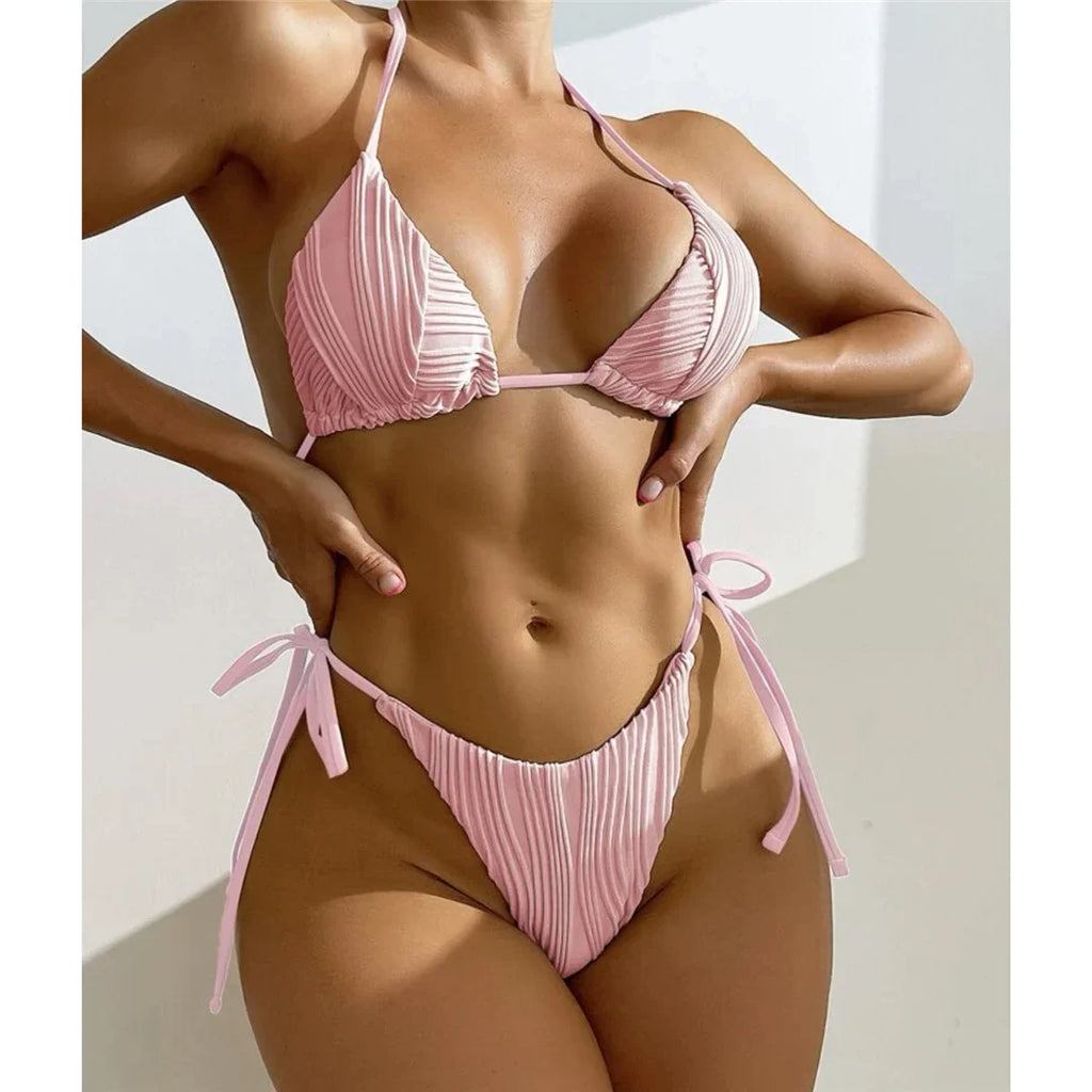 Sexy Wrinkled Halter Brazilian Bikini Female Swimsuit Women Swimwear Two-Pieces Bikini Set Bather Bathing Suit Swim Lady V4101
