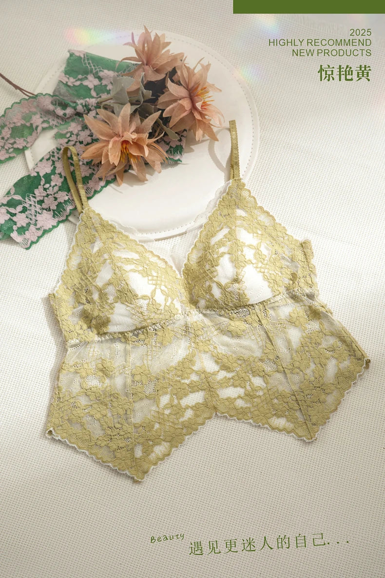 Summer French Lace Halter Bra Set Pure Sensual Beachwear Lightweight Mesh Bralette Backless Wirefree Comfort AU MOYISU Sexy Bra