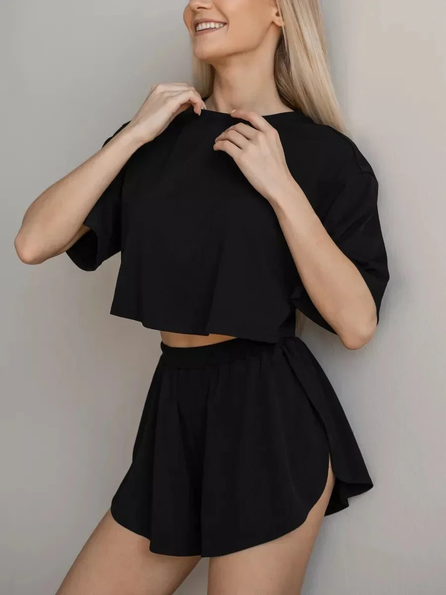 Summer 2 Pieces Pajama Sets for Women Sexy Sleepwear Black Crop Tops with Shorts Sets Underwear Loungewear Home Clothes