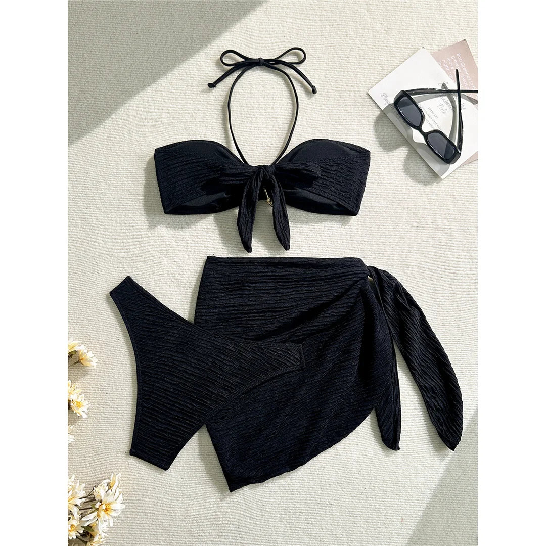 3PCS With Sarong Metal Star Halter Bikini Female Swimsuit Women Swimwear Three-Pieces Bikini Set Bather Bathing Suit Swim V7042