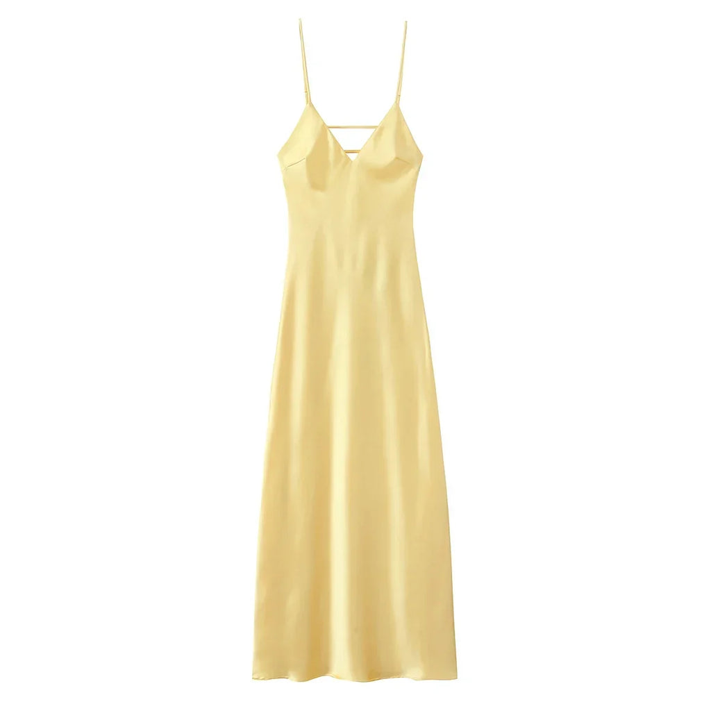 Foridol V Neck Backless Satin Long Dress Women Sexy Beach New in Maxi Summer Dress Spaghetti Strap Yellow Party Vestidos 2025