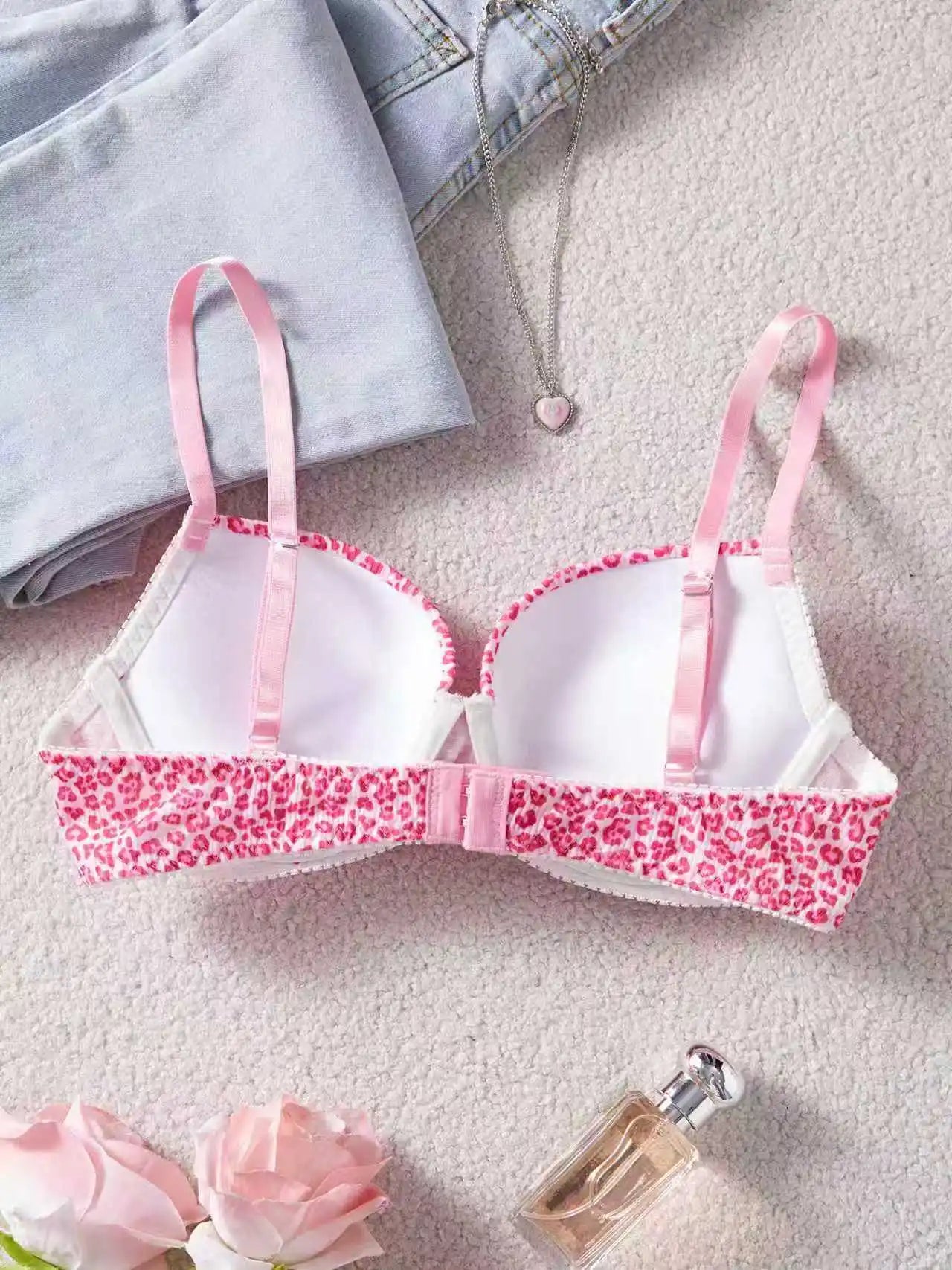 Single Piece Pink Leopard Print Bra Adorable Daily Wear Gathered Effect Feminine Underwear Comfortable Bra for Women