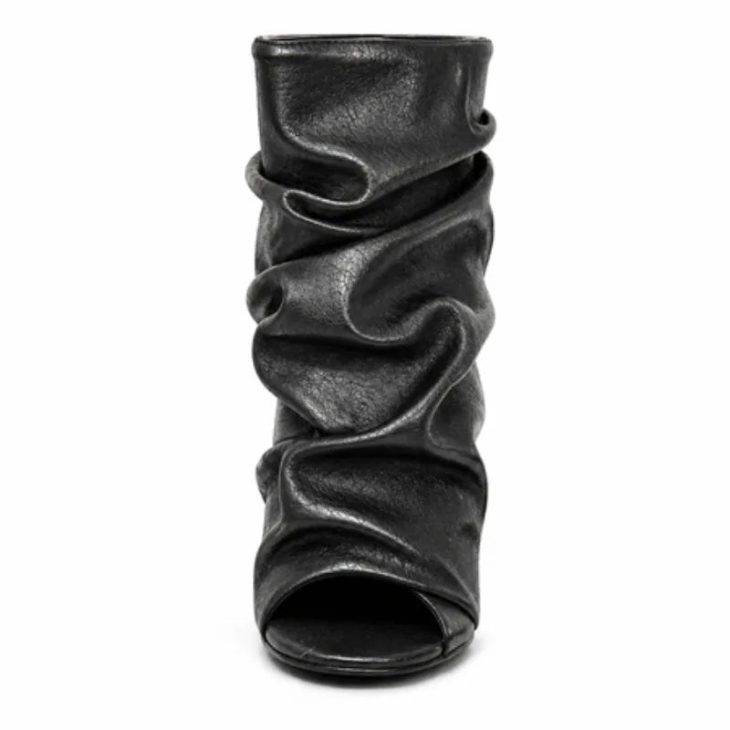 Black Soft Leather Peep Toe Pleated Mid-calf Boots Fashion Women 5 CM Thin Heels Solid Booties High Heel Boots Shoes Lady