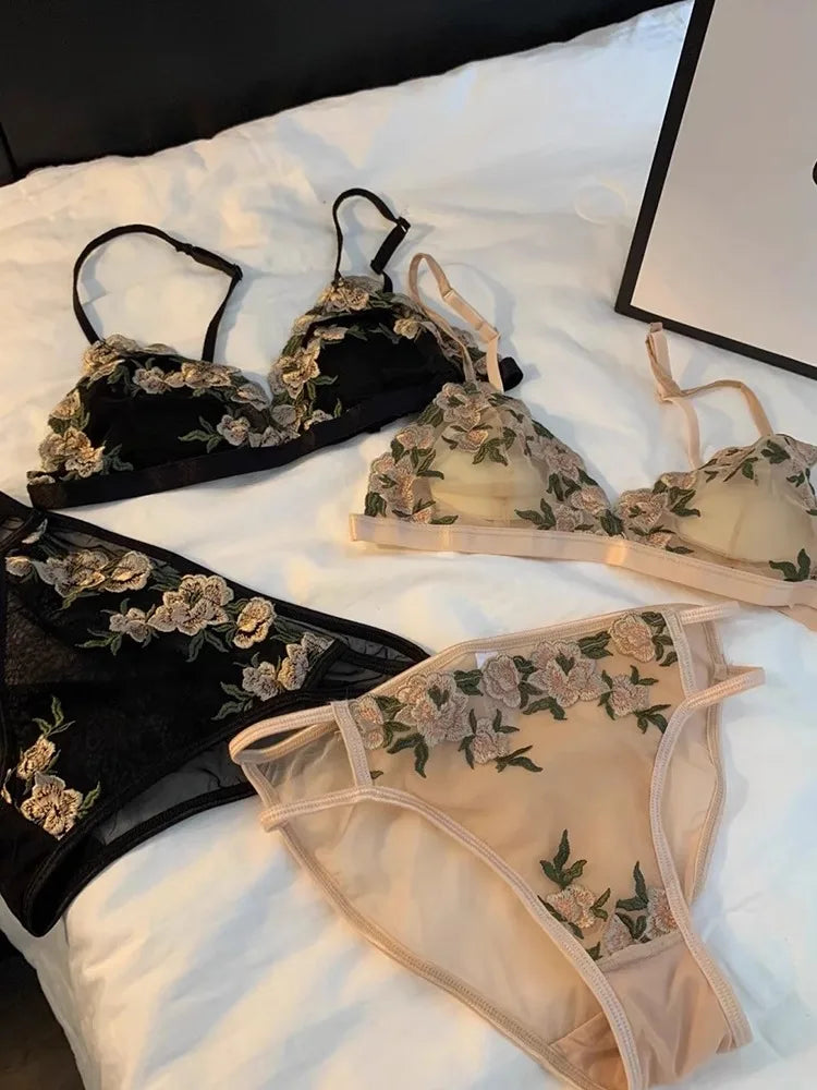 MOYISU Kawaii French Triangle Bra Airism Ultra Thin Invisible Bralette Set Black Lingerie Comfort S-XL 32-38 Sexy Tushy &  Panty
