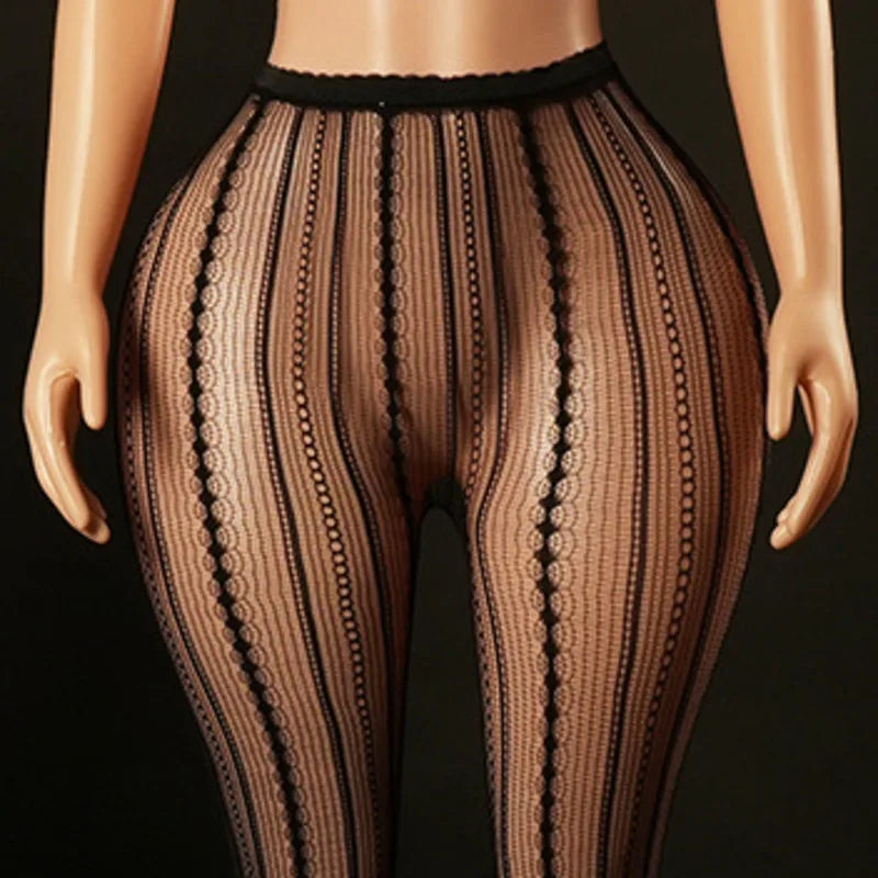 Knitted Seamless Fishnet Pantyhose Jacquard Lace Sexy Vertical Stripe Fishnet Stockings Transparent Pure Desire Elegant W0NL