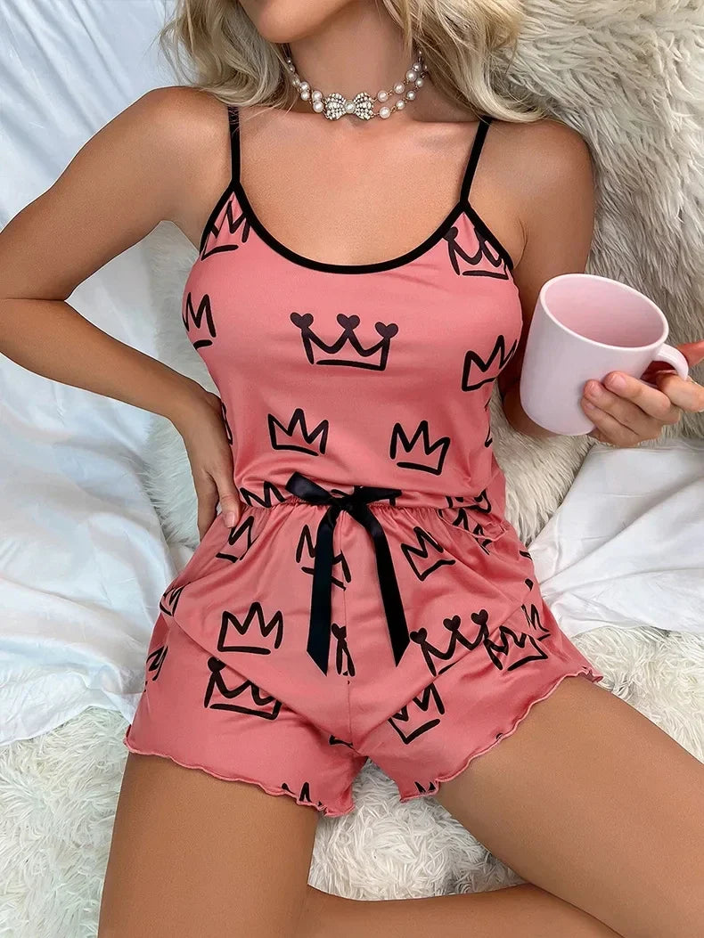 Summer Y2K Cute Crown Cartoon Print Top and Shorts Sleepwear Women 2Pcs Pajamas Set Loungewear Sexy Pyjamas
