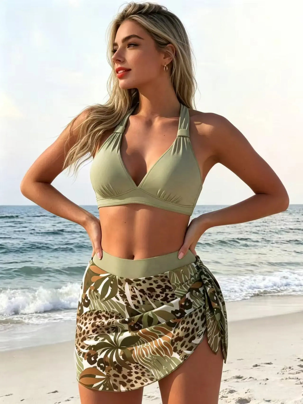 Women's one-piece swimsuit, conservative lace-up swimsuit, belly-covering slimming printed swimsuit