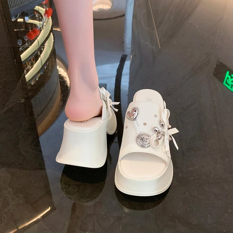 Metal Decor Chunky Platform Sandals Women 2026 Summer Open Toe High Heels Clogs Slippers Woman Bowknot Wedge Heel Sandles Female