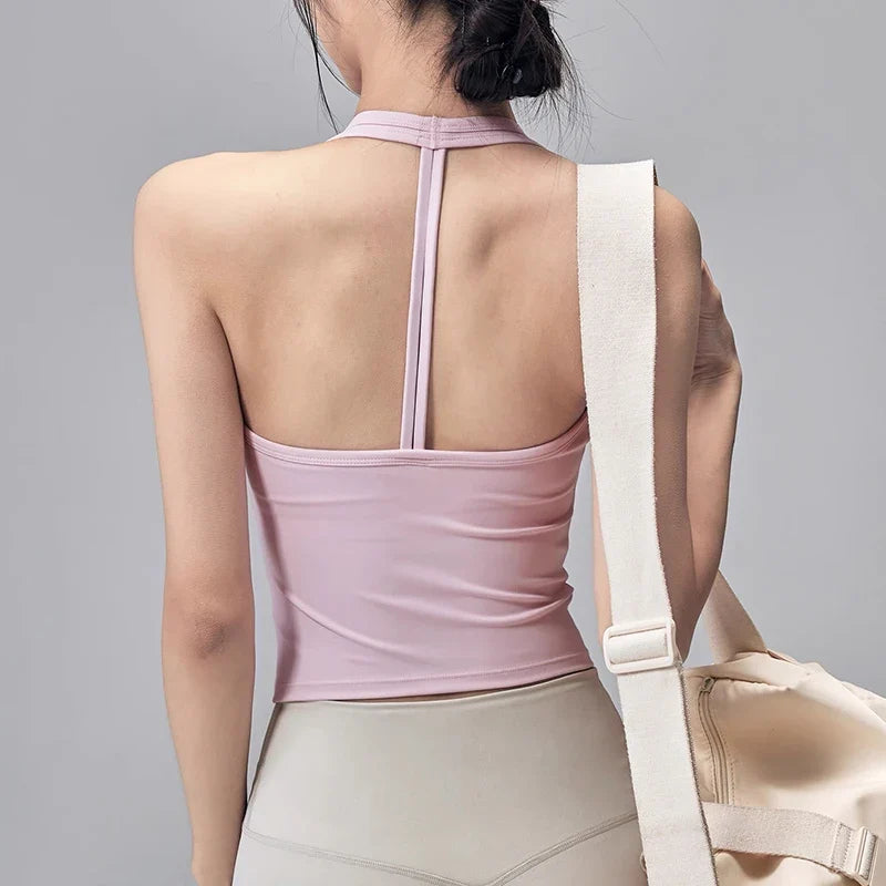 Women's Summer V-Neck Yoga Sports Vest Hanging Back Neck Design Outdoor Running Training Gathered Fit Active Wear Top