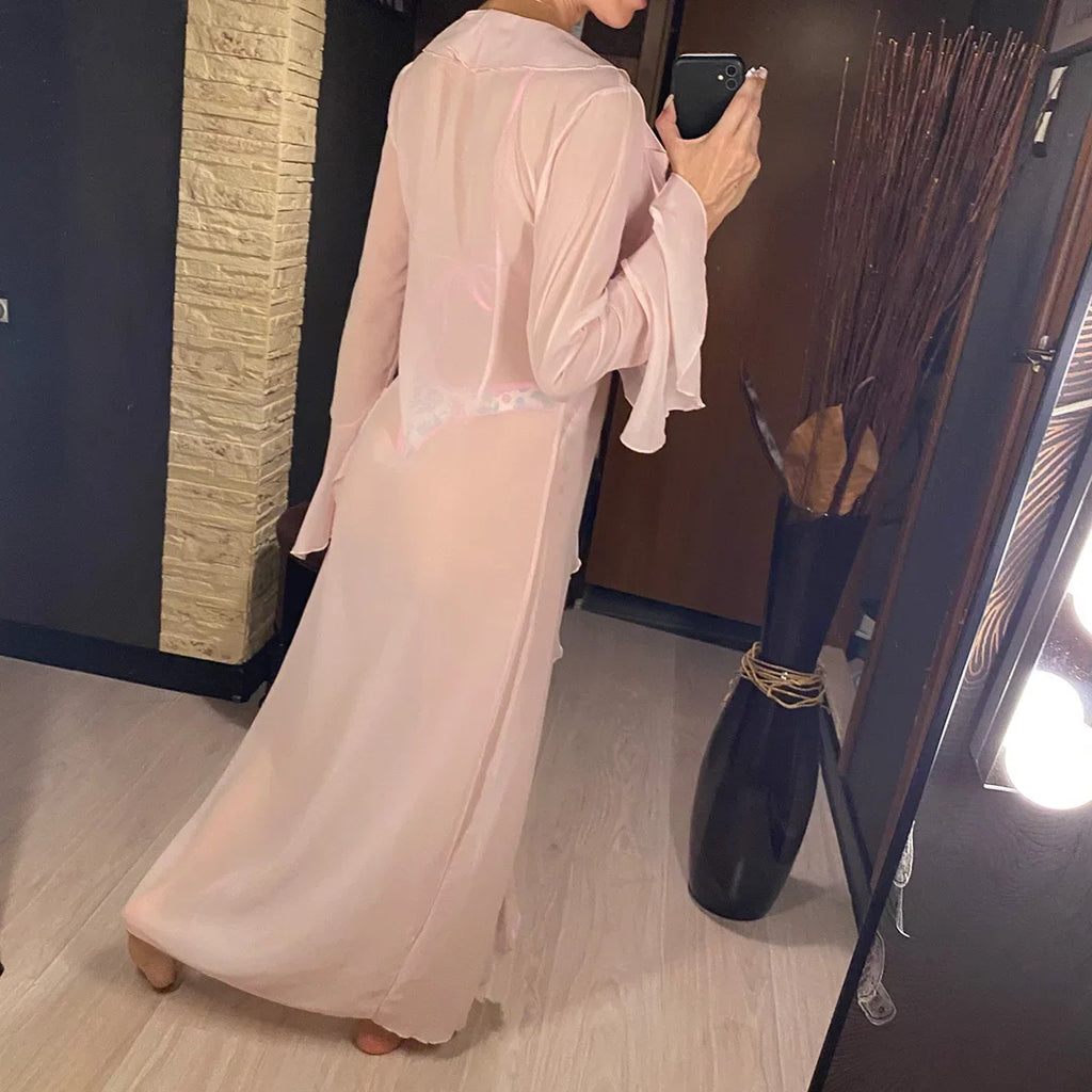 Women's V Neck Ruffled Long Sleeve Dress Chiffon Tunic Beach Cover Up Cover-ups Beach Dress Sunscreen Beachwear Vacation V5976B