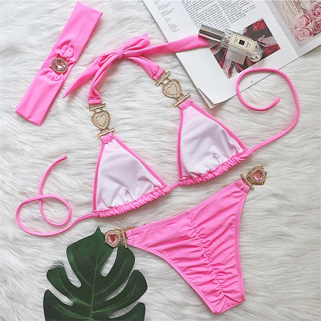 Diamond Rhinestone Bikini  Female Swimsuit Women Swimwear Two-Pieces Bikini Set With Hairbands Bather Bathing Suit Swim V3047G