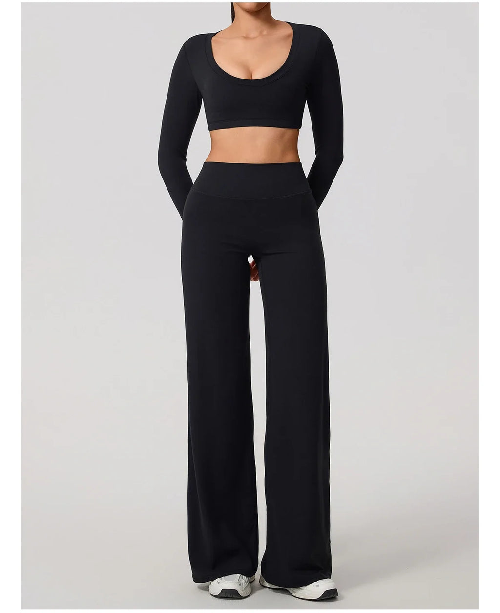 Hearuisavy Sports Set 2Pcs Women's  Long Sleeve Backless Fitted Fitness Top Push Up Pilates Yoga Top Wide Leg Straight Leg Pants