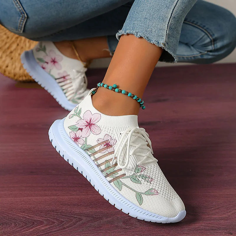 Fashion Printed Breathable Sneakers Women Thick Bottom Knitted Walking Shoes Woman Hollow Out Slip On Sports Shoes Female 35-43