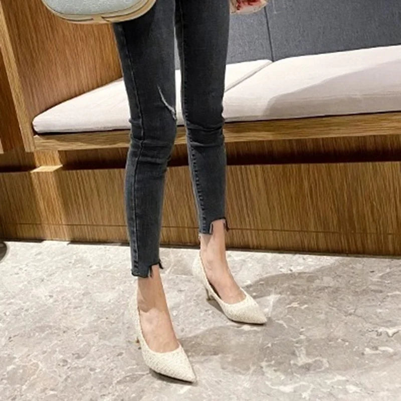 Fashion Tweed Cloth Stiletto Heel Pumps Women Elegant Pointed Toe High Heel Shoes Woman Brand Thin Heeled Party Dress Shoes