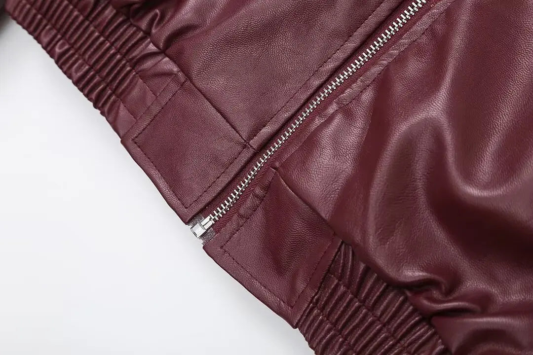 Foridol Wine Red Vintage Faux Leather PU Coat for Women Long Sleeve Turn Down Collar Zipper Autumn Winter Coat Jacket
