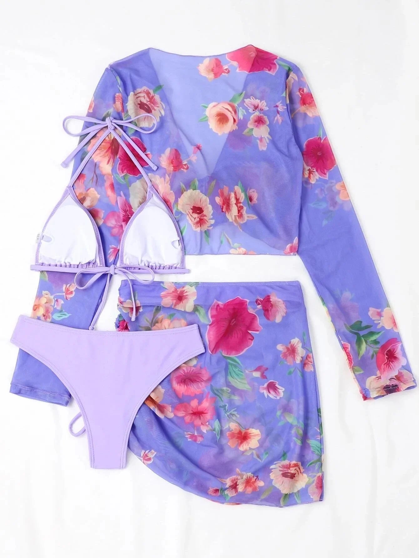 2026 Summer Women's 4 Pieces Suit Swimwear Neck Lace-up Bikini Set+crop Top+skirts Floral Print Gauze Swimsuit Beachwear Biquini